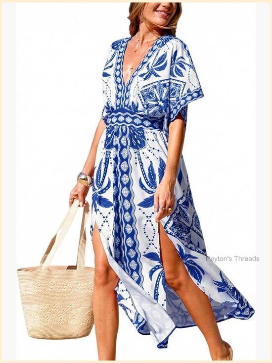 Dresses & Skirts - Tropical Floral Maxi Dress with Pockets V Neck Short Sleeve Smocked Slit Dress